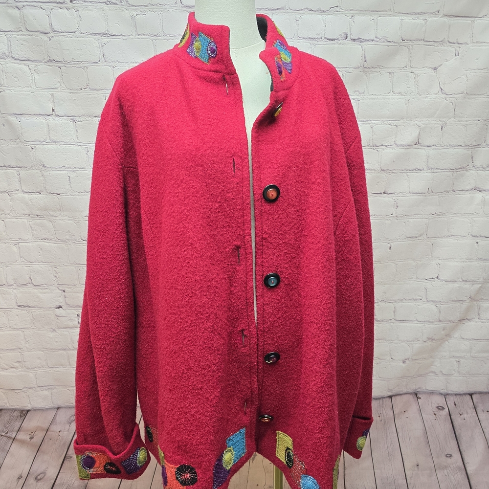 Vibrant Red Teddy Jacket with Colorful Details